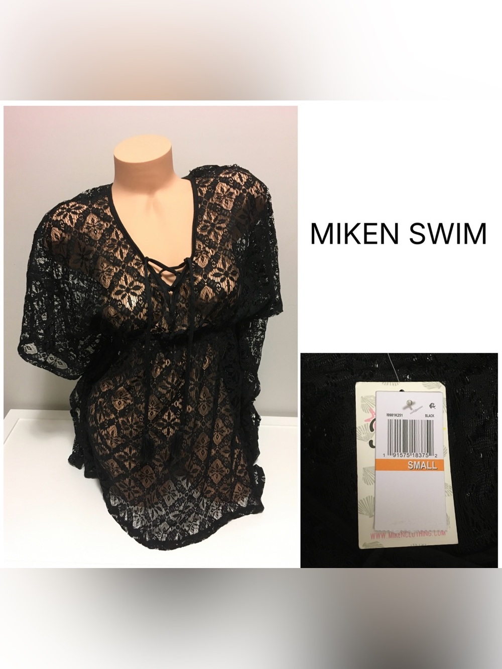 MIKEN SWIM - SLIGHT DEFECT - S - NWT - BLACK CROCHET COVER UP / KAFTAN TUNIC